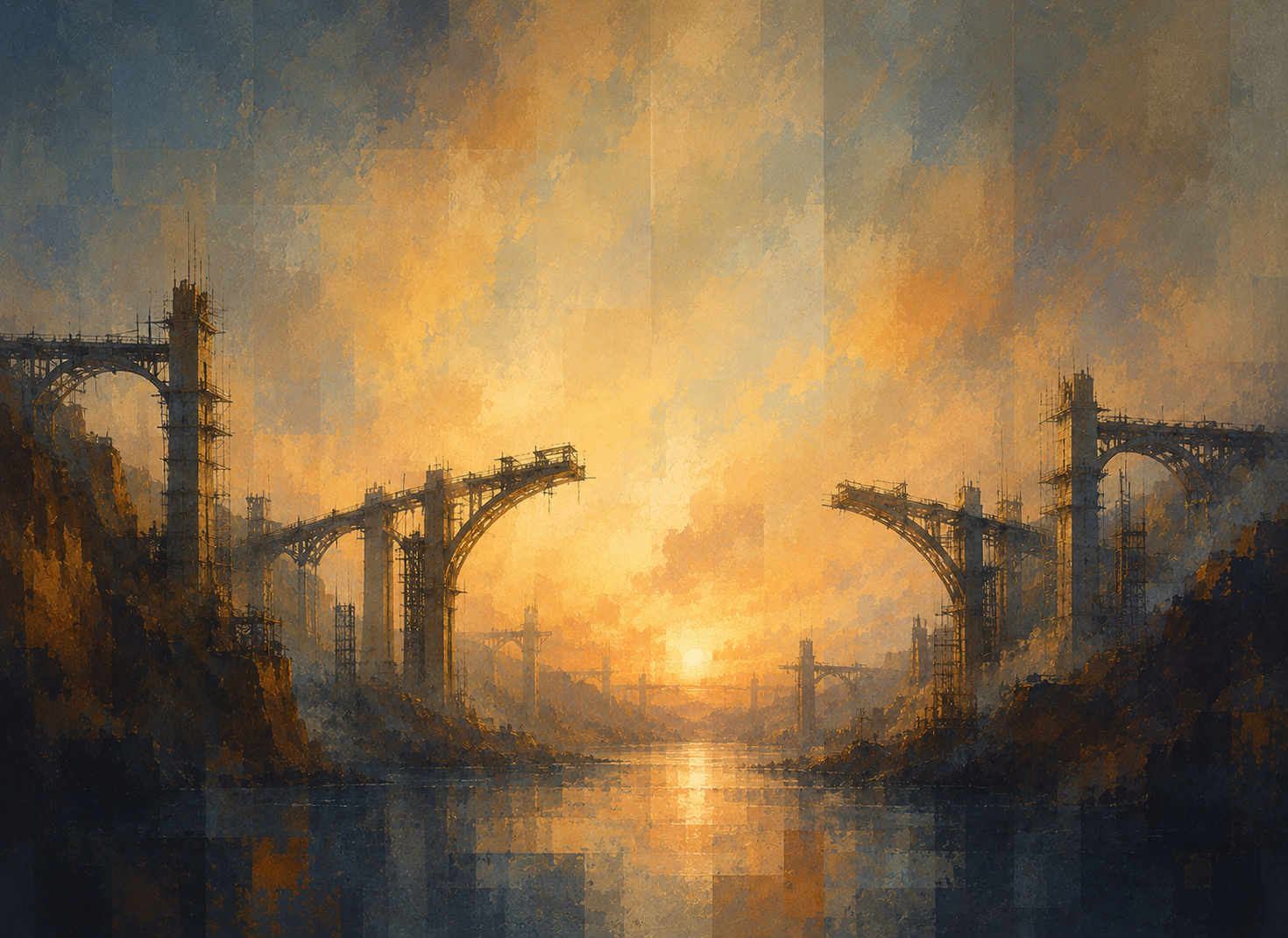Industrial bridges over a working harbor